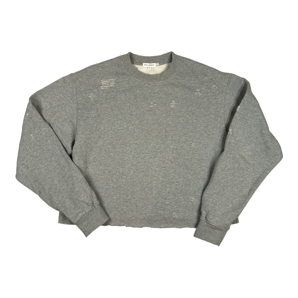 Good American Size 3 US L Distressed Cropped Boyfriend Sweatshirt Heather Gray
